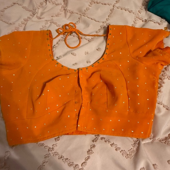 Orange Saree with Blue Border - Picture 2 of 5